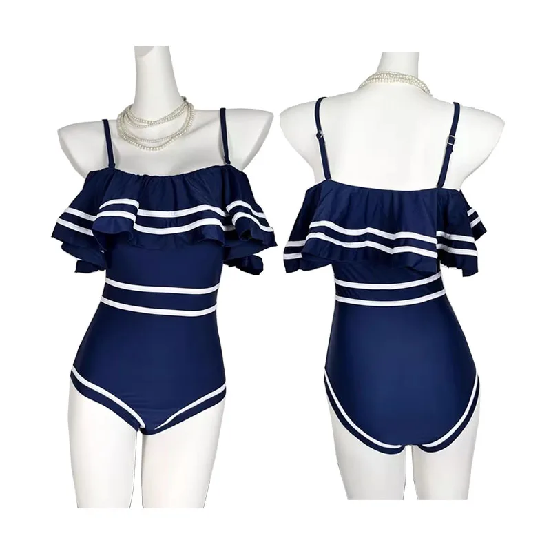 School Girls Navy One Piece Swimsuit Off Shoulder Swimwear Lolita Ruffle Monokini Bodysuit Vintage Bathing Suit