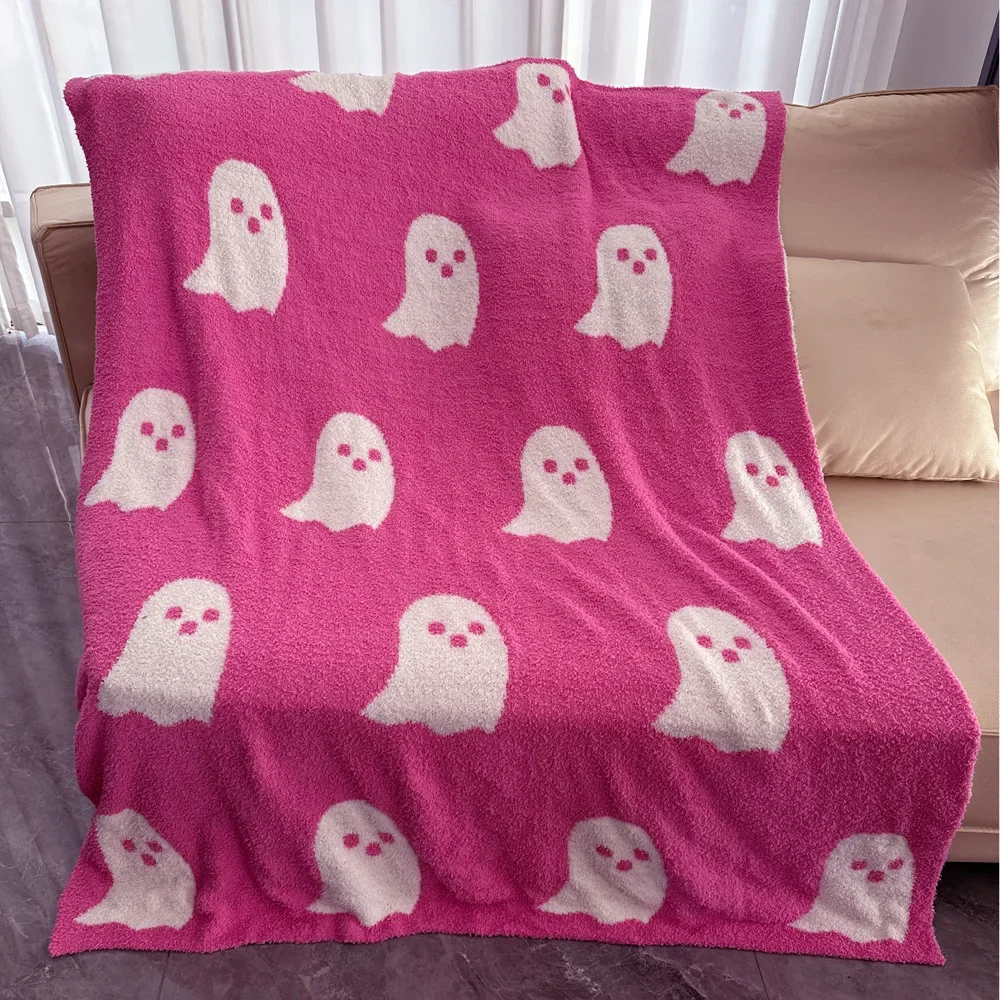 2023 Halloween Pink Ghost Blanket Cute Pink and White Ghost Double Sided Knitted Flannel Warm Blanket Toys for Children Gifts