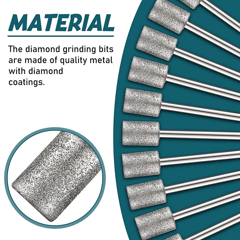 Diamond Bit Diamond Grinding Bits, Cabeça de cilindro, 1/8 Shank, 8mm, Ferramenta mais rotativa, Bit Grinder, 10 pcs