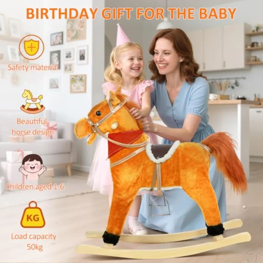 Rocking Horse Plush Animal on Wooden Rockers, Ride-On Rocking Horse Chair with Musical Sounds, Moving Mouth and Wagging Tail, 1