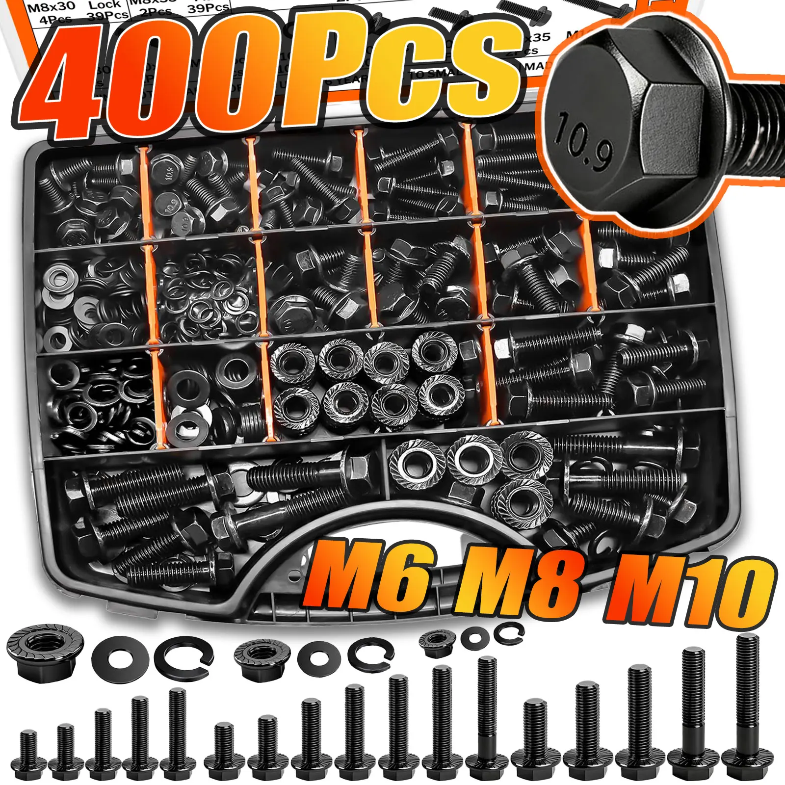 kit-de-400-piezas-de-pernos-hexagonales-con-brida-tuercas-y-arandelas-grado-109-negros-metricos-m6×10-m8×125-m10×15-12-45mm-caja-de-almacenamiento-para-auto-y-motocicleta