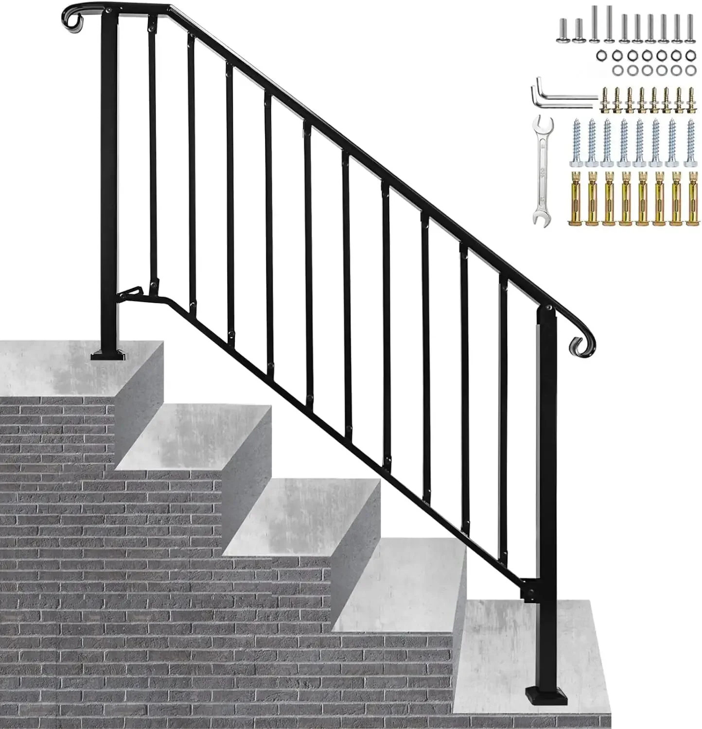 

Adjustable Handrails for Outdoor Steps, Handrail Picket #4 Fits 4 or 5 Steps, Wrought Iron Handrail, Stair