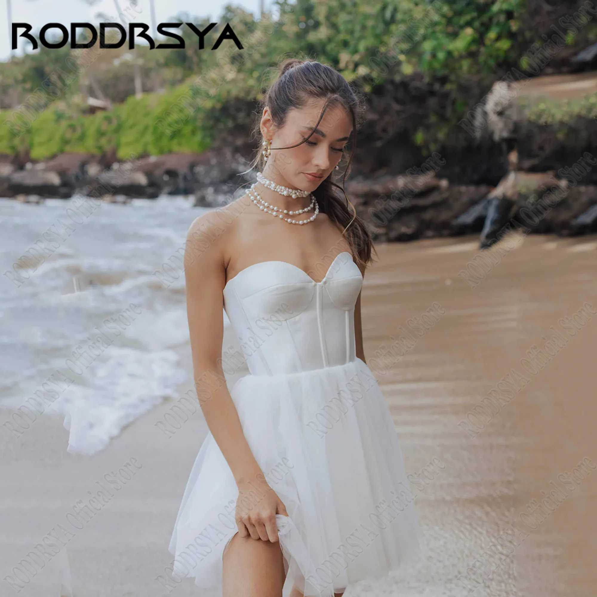 Roddrsya ชุดแต่งงานสั้นสำหรับเจ้าสาว2024ชุดเกาะอกชุดเจ้าสาวแบบเรียบง่ายเหนือเข่าชุดยาวเหนือเข่า