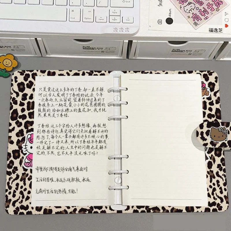 Sanrio Licensed Leopard Print Hello Kitty Loose Leaf Notebook PU Leather Magnetic Buckle Journal Diary Cartoon Y2K Kawaii Gift view 4