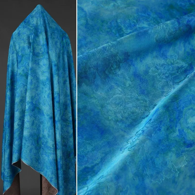 

Lake Blue Porcelain Ink Wash Gambiered Silk Jacquard Fabric Chinese Style for Spring Summer Top Dress DIY Sewing Accessories