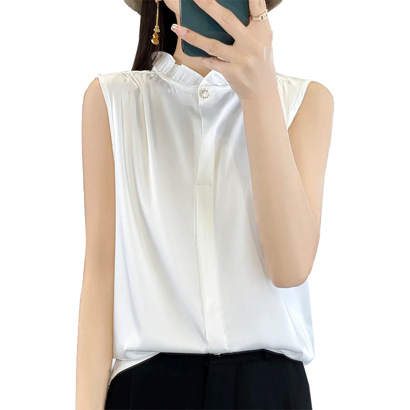 Camicia senza maniche con colletto in pizzo da donna all'interno impilato con volant sul fondo fungo a foglia con collo alto T-shirt in chiffon con gilet in raso