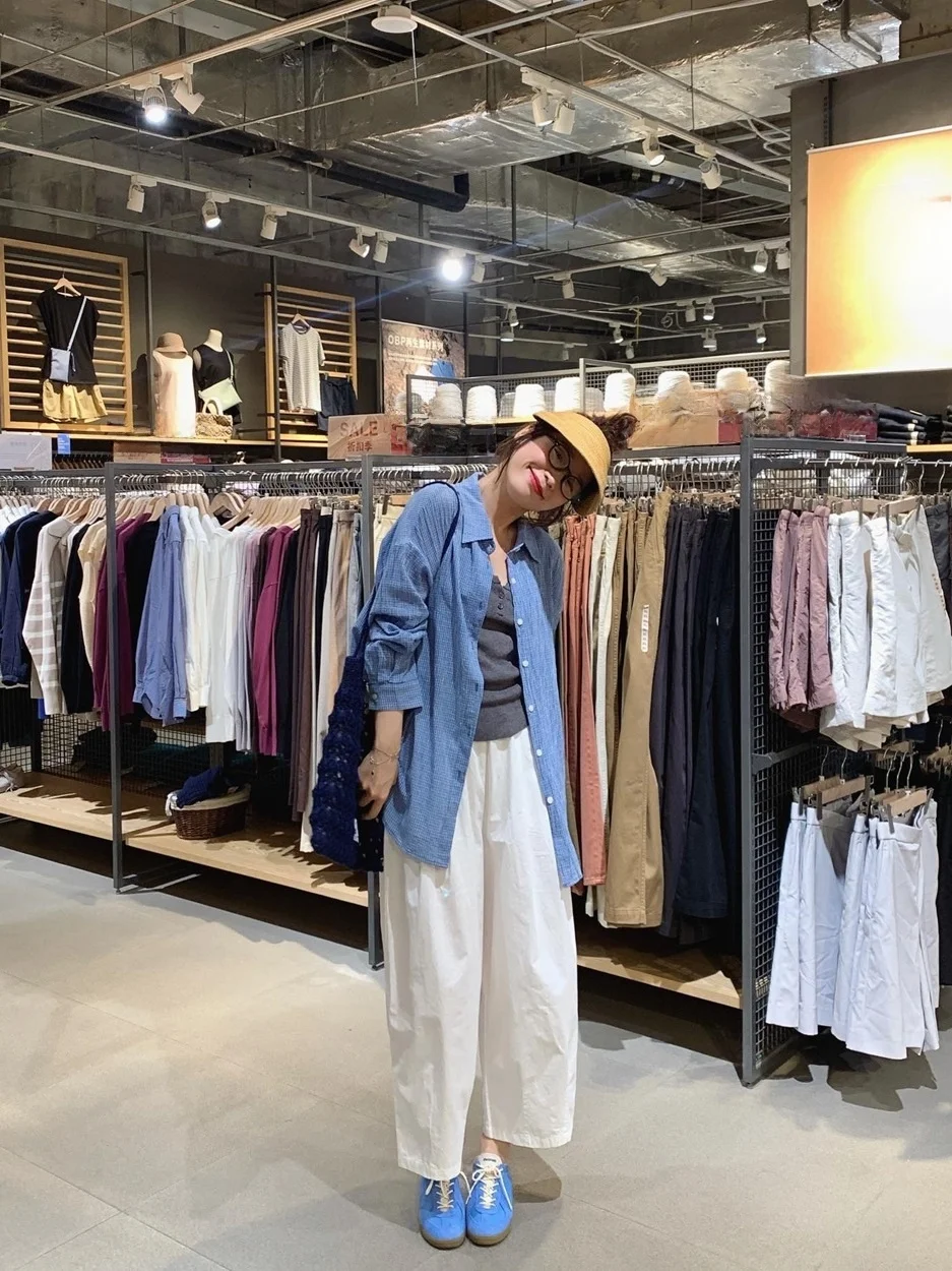 

Xubeng Blue Gingham Loose Fit Sun Protection irt Women's Thin Sle Japanese Sle Versatile Casual Summer Top