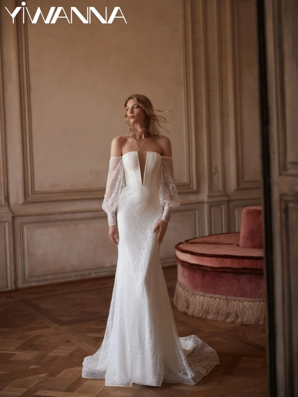 Sequined Lace Off Shoulder Wedding Dress Dreamy Elegant Mermaid Long Bridal Gown Customized Deep Vneck Dresses For Bride