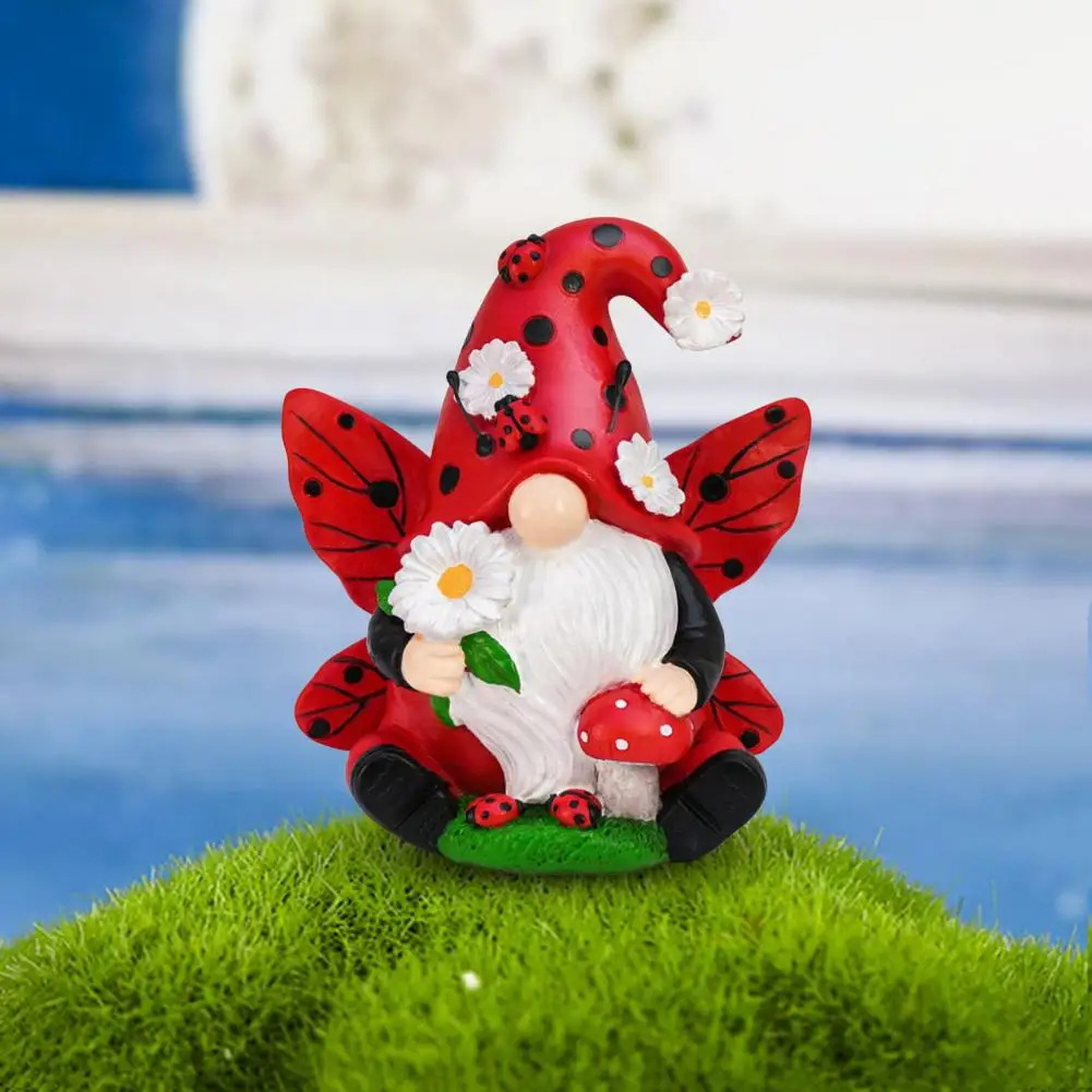 Winged Gnome Decoration Whimsical Ladybug Gnome Figurine with Flower Wings Charming Dwarf Elf Resin Statue for Indoor Outdoor