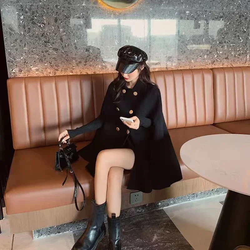 

Trendy 2025 Women Woolen Trench Coat British Style Cape Shawl Loose Fit Elegant Casual Chic Korean Look for Fall Winter