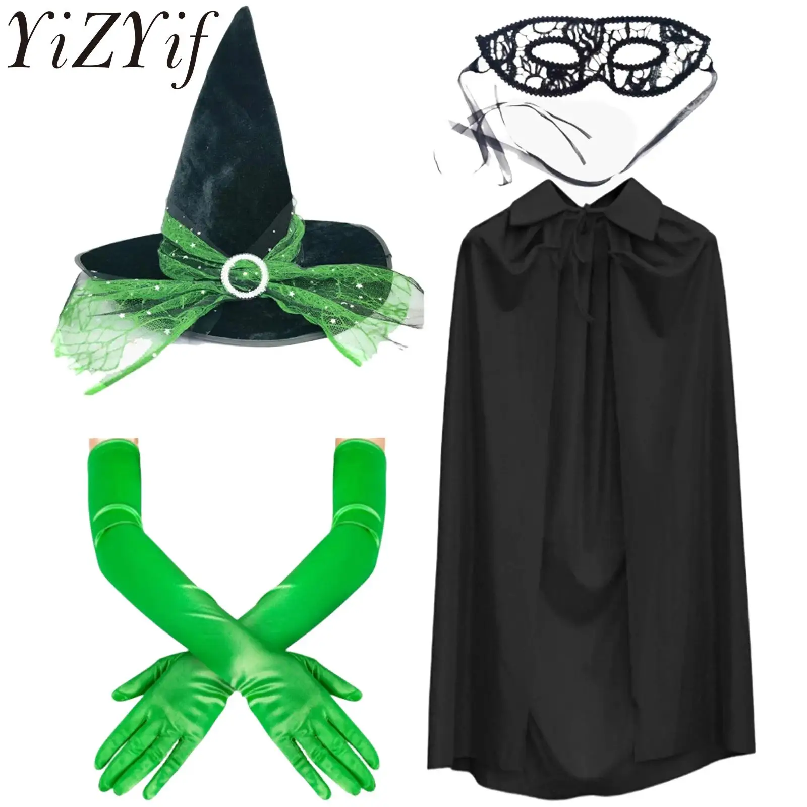 Costume da strega di Halloween Accessori cosplay di carnevale Mantello da strega con cappello per donne e ragazze Include guanti lunghi Maschere Puntelli per foto