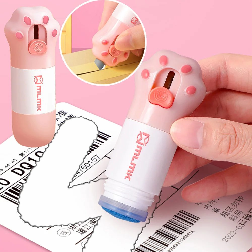 

2 IN 1 Thermal Paper Correction Liquid Parcel Box Opener Knife Cartoon Cat Paw Express Tool Identity Privacy Protecor Eraser