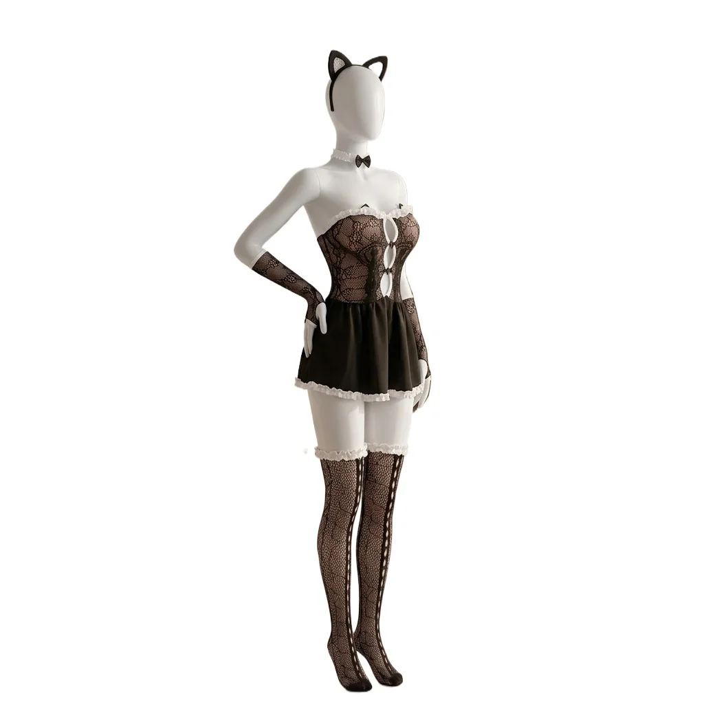 Dark Black Anime Cat Cosplay Uniform Cute Lolita Kitten Lingerie Set for Women See Through Costumes Lace Sleepwear