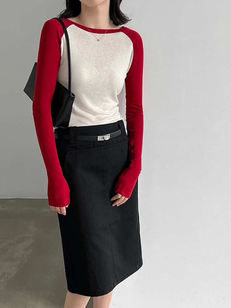 Women Navy Blue Color-block Thin Brief Slim T-shirt New Round Neck Long Sleeve Fashion Tide Spring Autumn