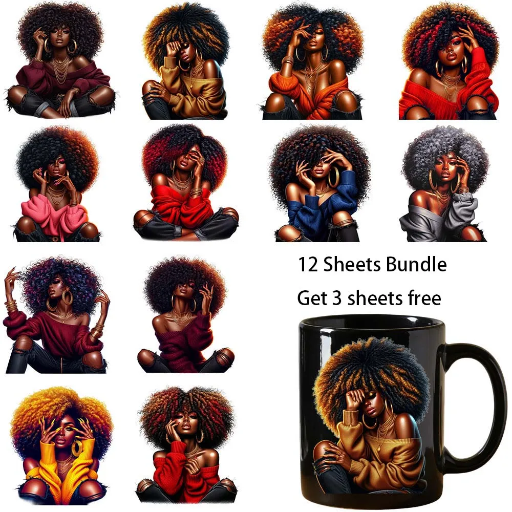 12 Bundle 4 inches Black Afro Women Party DIY Decals 3D transfers uvdtf tumbler seal stickers 16oz uv dtf cup wraps