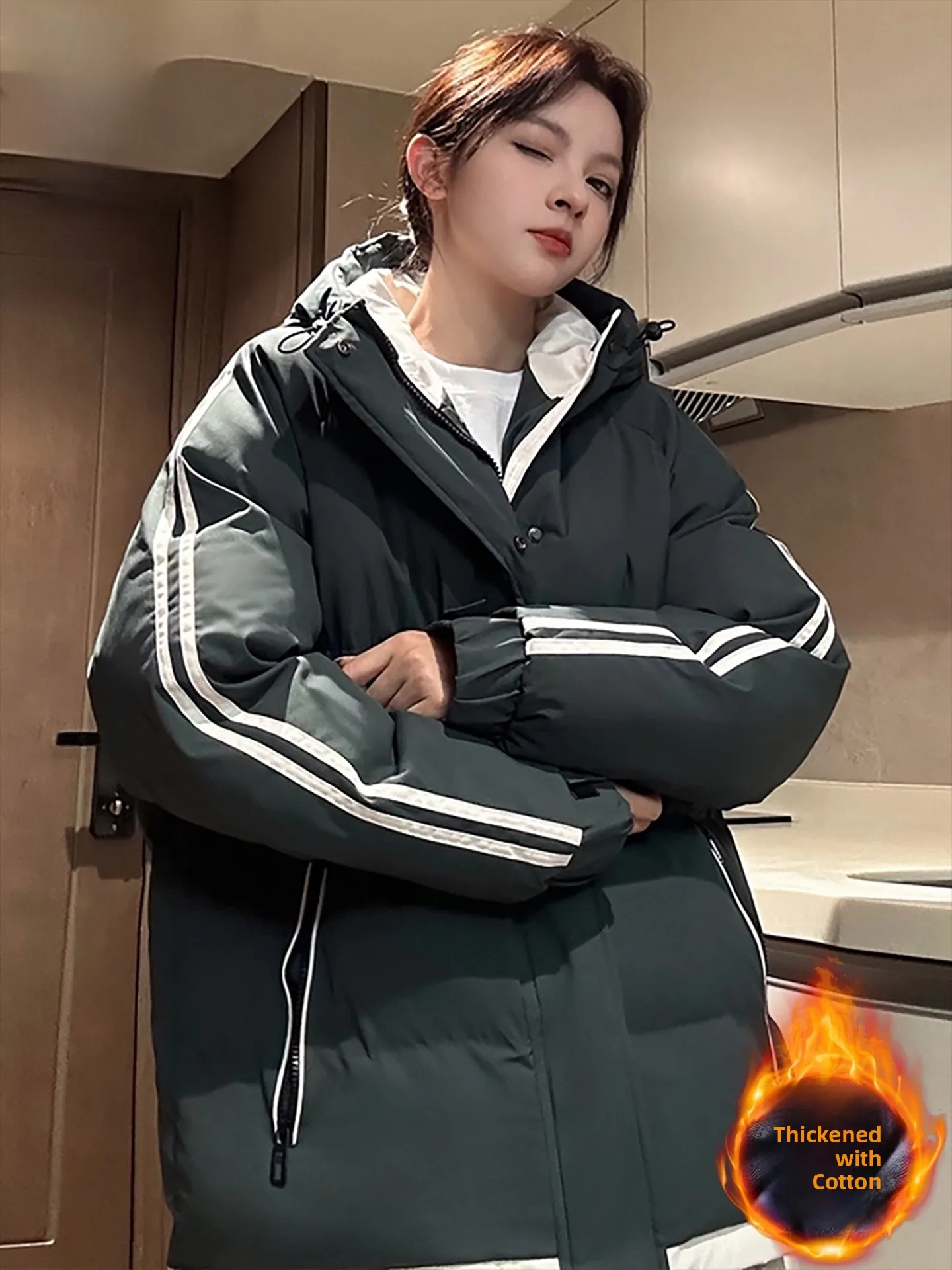 

Nainilu Trendy Brand Winter Thickened Warm Cotton Jacket American Stripe Hooded Thick Outerwear Top for Men And Women