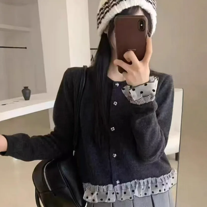 เสื้อสเวตเตอร์ถักไหมพรมสไตล์เกาหลี แต่งผ้าลูกไม้สีสันสดใส ทรงหลวม สบายๆ สำหรับผู้หญิง แฟชั่นลำลอง ฤดูใบไม้ร่วง ฤดูหนาว