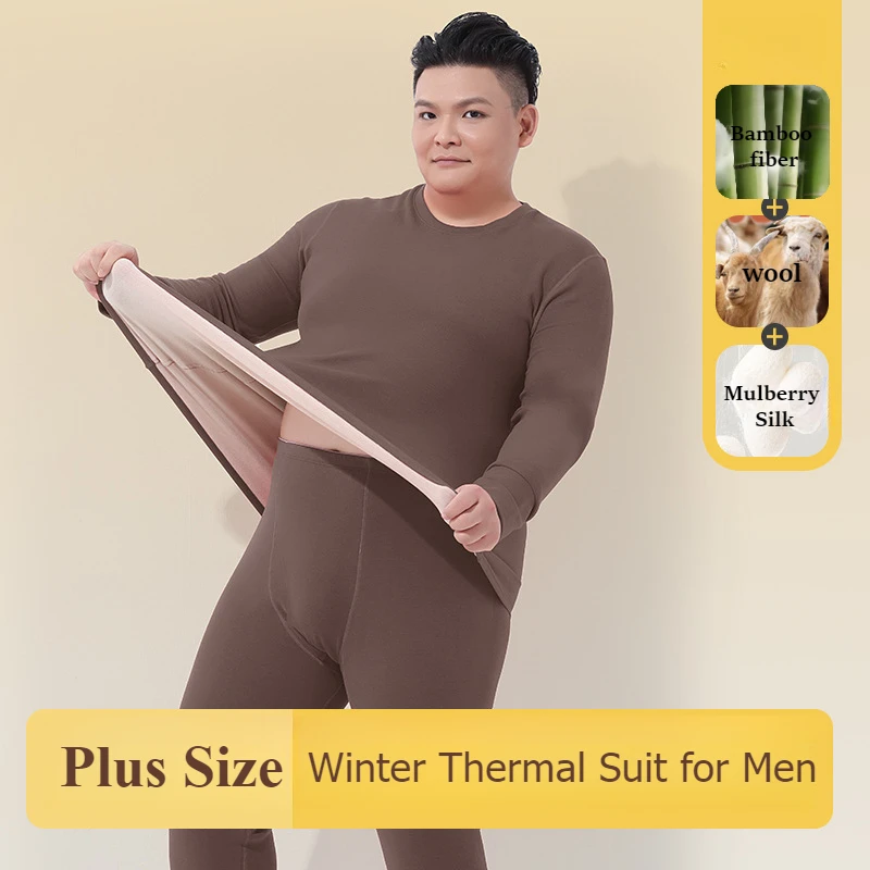 Men Long Johns Thermal Pants Plus Size Bamboo Fiber Winter Thermal Suit for Men Mulberry Silk Wool Large Underwear Male Warm Set