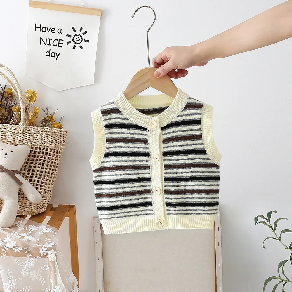 Autumn New Knitted Vest for Boys and Girls Spring Outerwear Sweater Baby Stripe Cardigan Warm Tank Top
