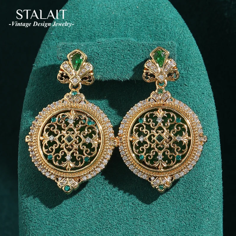 

Hollow Vintage Green Drop Earrings Pendent Round Jewelry Crystal For Woman 2026 Gold Color Retro Dubai Mother's Day Accessories
