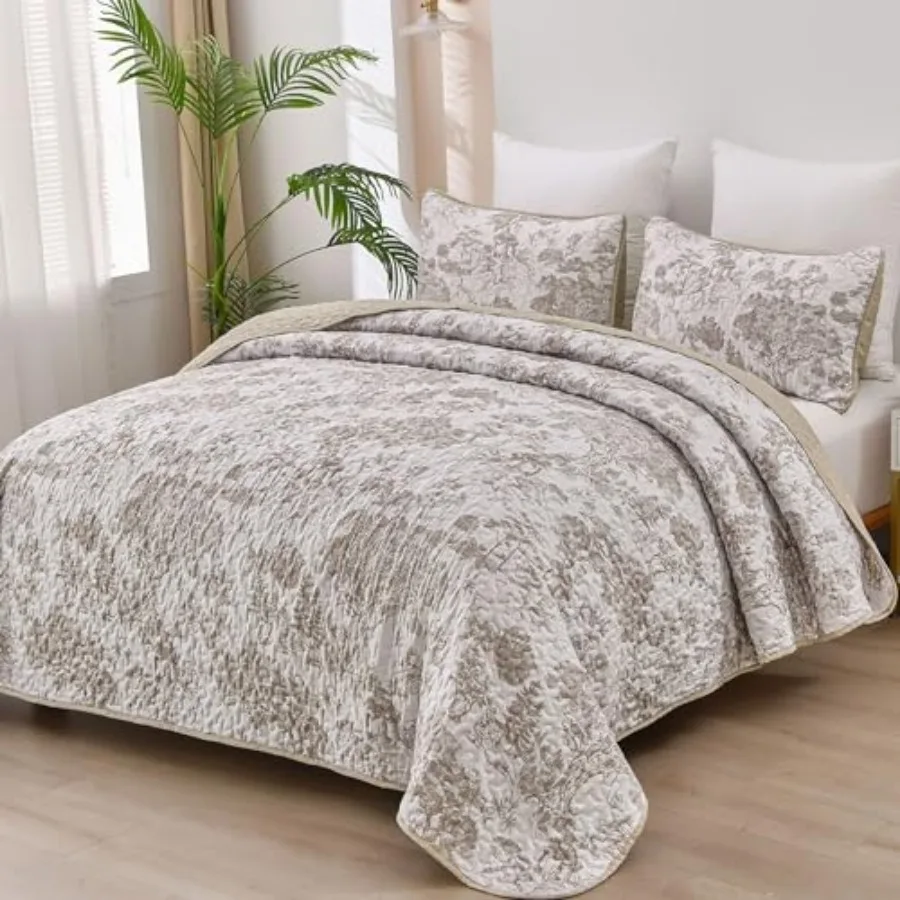 

Botanical Quilt Set Size 3 Pieces Toile Floral Plants Printed Bedspread Bedding Set Brown Soft Lightweight Microfiber Coverlet