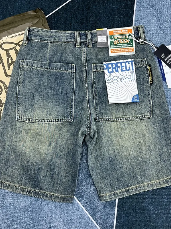 

High-End Men's Cotton Denim orts Summer Straight Leg Five-Quarter Length Thin American Casual Vintage Sle Wear Resistant