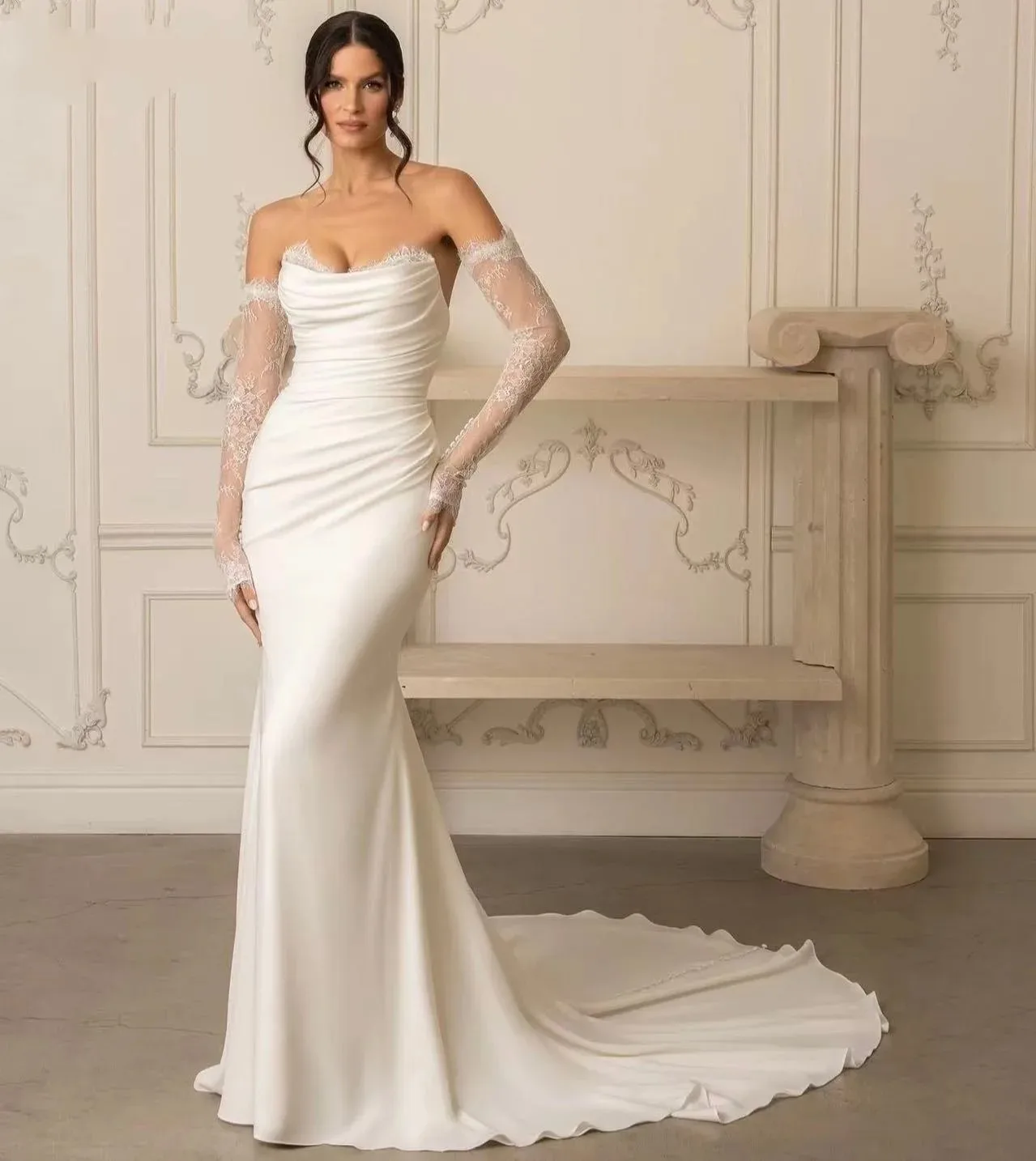 

Elegant Mermaid Wedding Dress 2026 Strapless Lace Long Sleeves Backless Satin Bridal Dresses Bride Gown Vestidos De Noiva