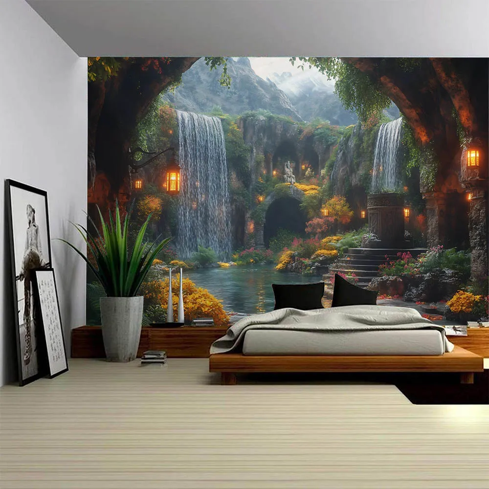 Tranquil Cave Forest Garden Tapestry Wall Hanging Polyester Fabric Machine Washable for Living Room And Bedroom Decor