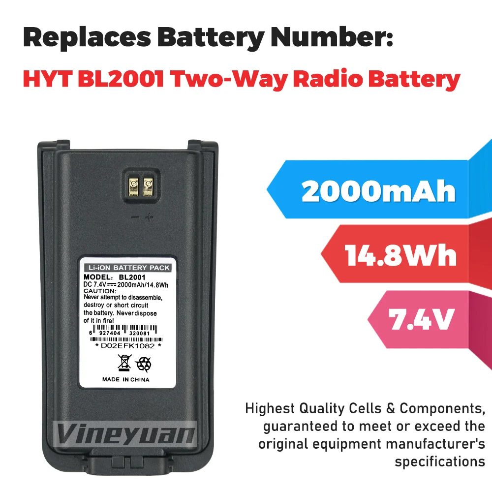 BL2001 7.4V 2000mAh Hytera Replacement Li-ion Battery for HYT TC-610 TC-610S TC-610P TC-618 TC-620 TC-626 Two Way Radios Battery