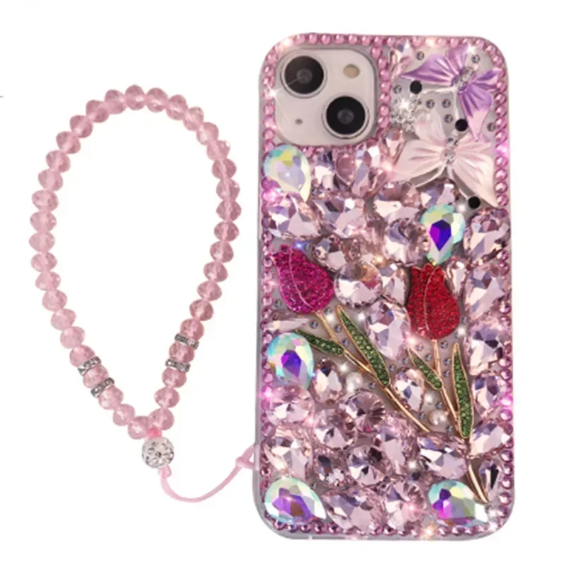 Coque de téléphone de luxe en diamant scintillant + étui Rose Gir en strass transparent pour iPhone 16 11 14 Pro Max12 13 Pro Max 15