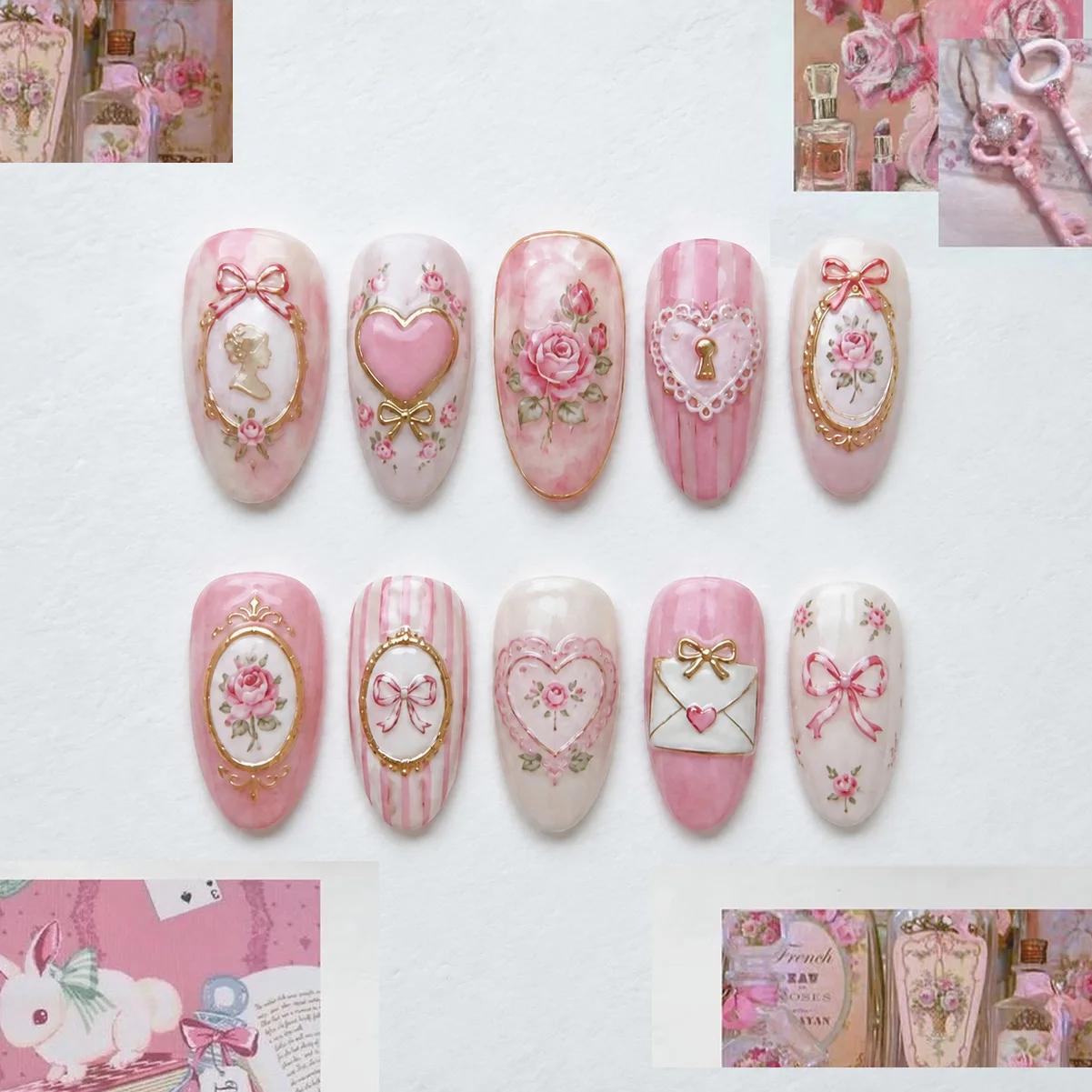 30 Stück Vintage Rosa Rosen Press-On Nägel 3D Schleife Kamee Porträt Herz Spitzenverschluss Künstliche Kurze Ovale Falsche Nägel für Frauen & Mädchen