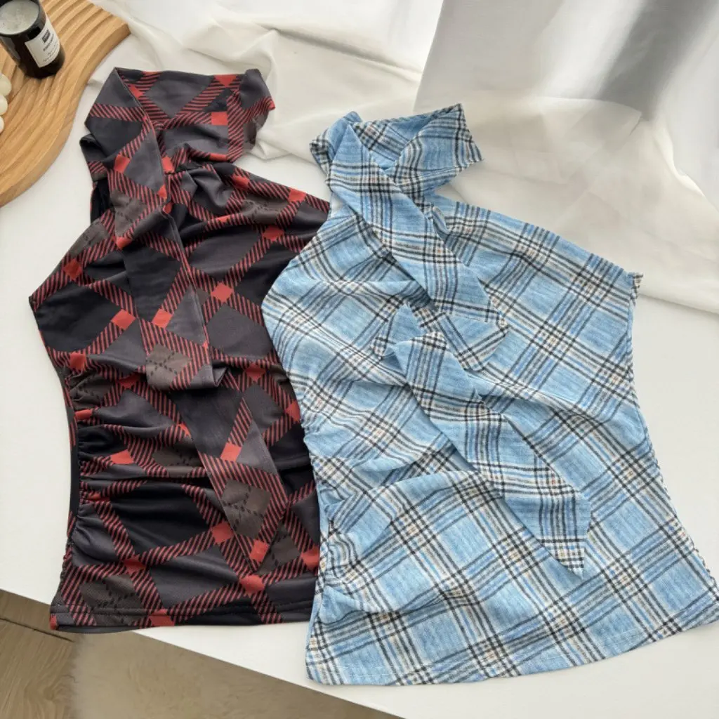 

Wooha Wuha Women's Plaid Vest Vintage Street Style Spring New Hanging Neck Micro through Design Hot Girl Fashion Top