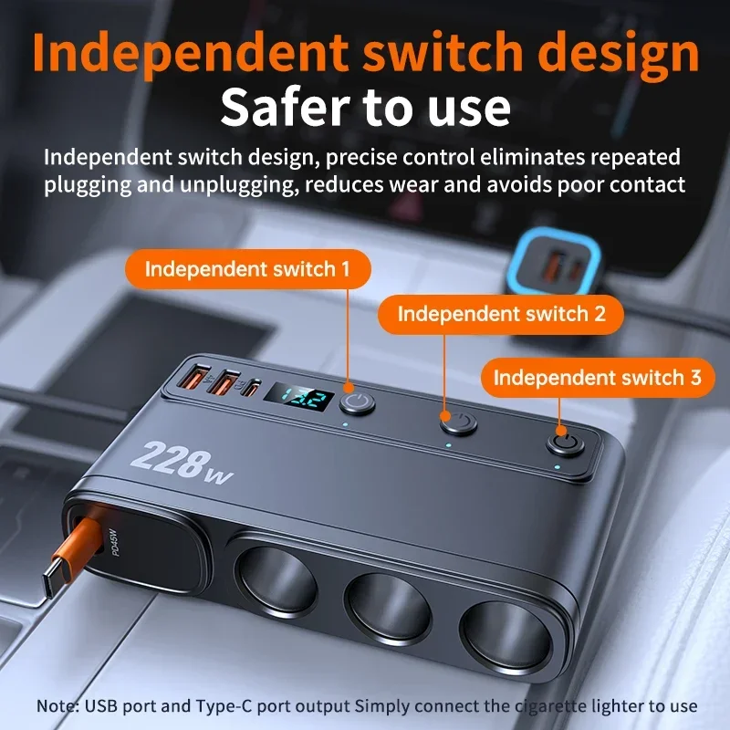 228W 9 in 1 Car Fast Charger Adapter Charge Independent Switches DC Cigarette Outlet PD 3 Socket Cigarette Lighter Splitter