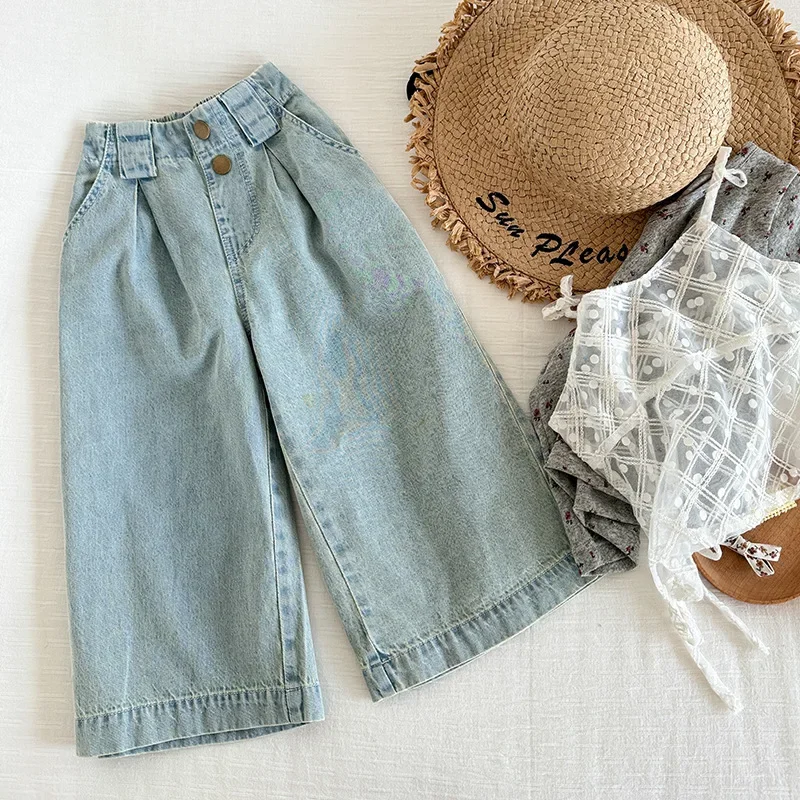 New Summer Girls Jeans Children's Neutral Loose Straight Tube Copper Buckle Decorative Jeans Kids High Waisted Wide Leg Pants