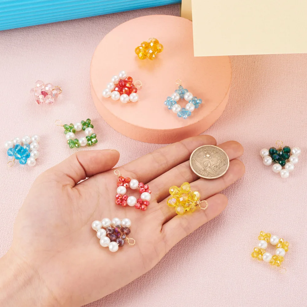 30Pcs Glass Beaded Pendants Flower Wire Wrapped Glass Pearls Charms with Loop for Spring Necklace Earrings Connectors Dangles