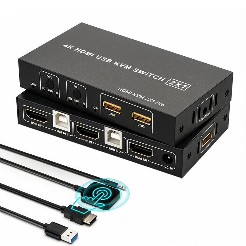 2 Port HDMI KVM Switch 2x1 4K@60Hz HDMI USB KVM Switcher for 2 PC Share Monitor Keybord Mouse Printer with Desktop Controller