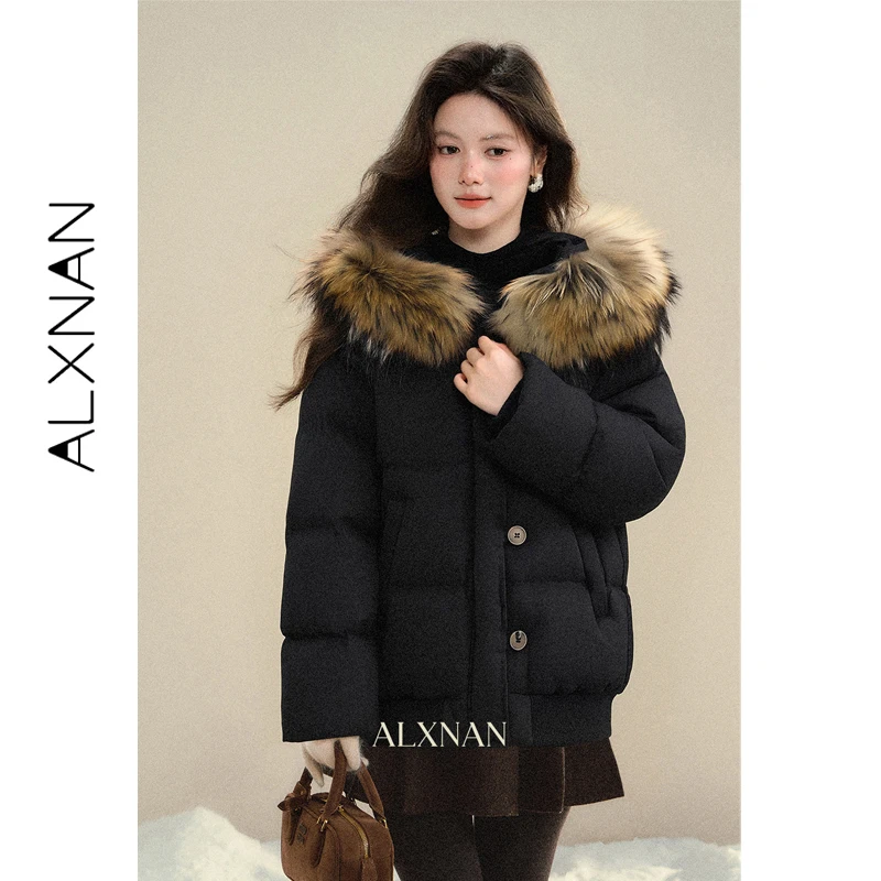 ALXNAN Women's 90% White Duck Down Coats Hooded Luxury Faux Fur Trim Jacket Winter Loose Cropped Warm Female Jackets L59917