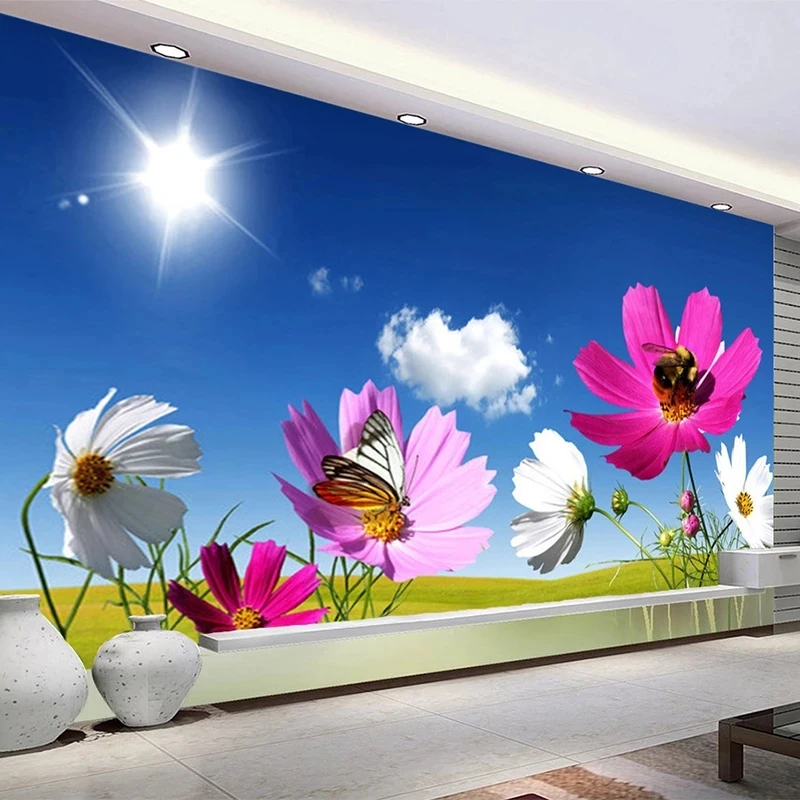 Customized Fantasy Chrysanthemum Flower Wallpaper 3D Blue Sky Sunshine Pastoral Mural Floral flowers Living room TV background