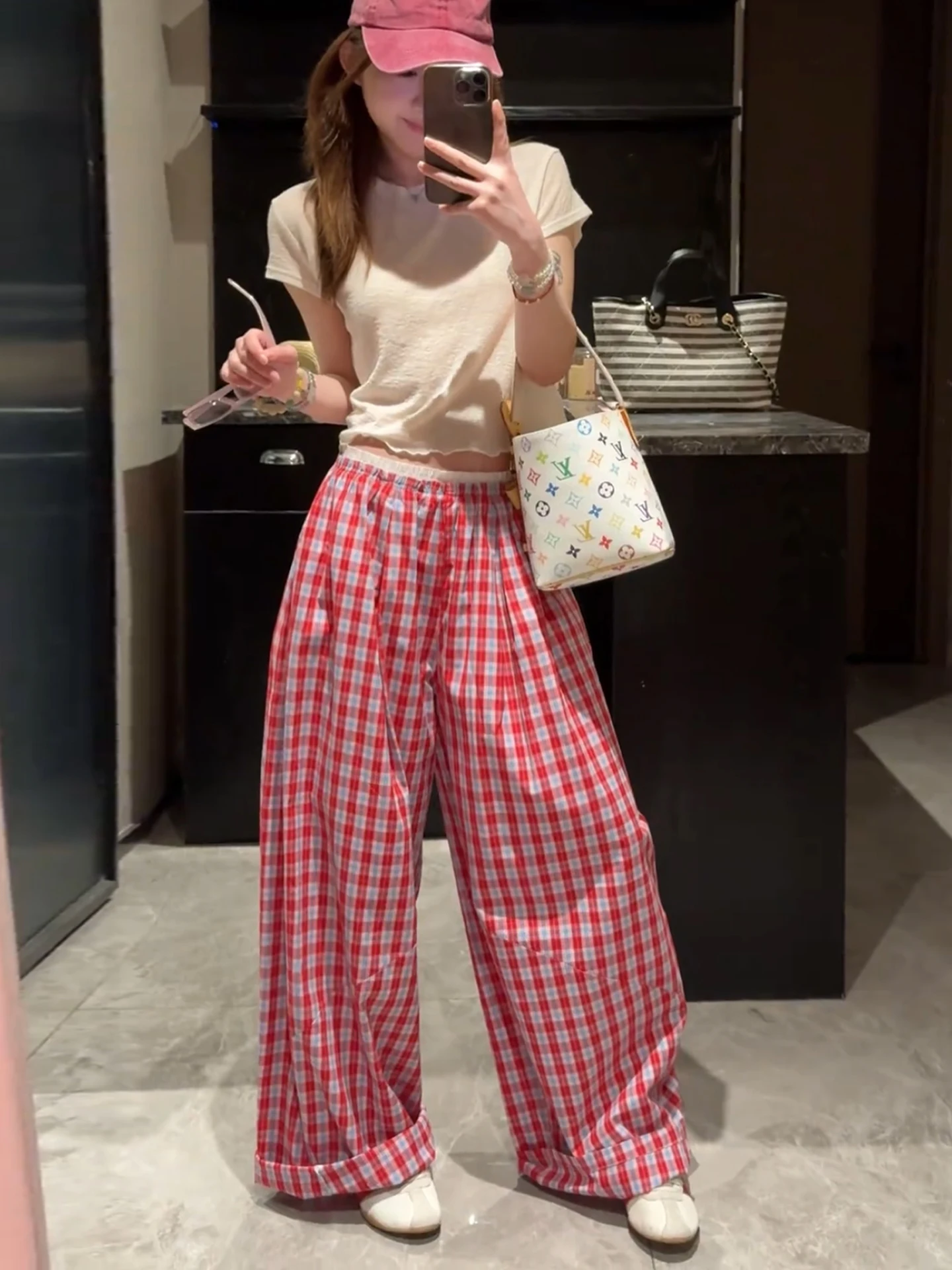 

Summer Women's Red Plaid Wide Leg Pants Short Sleeve T-Shirt Outfit Two-Piece Set Korean Style High Waist round Neck Loose Fit
