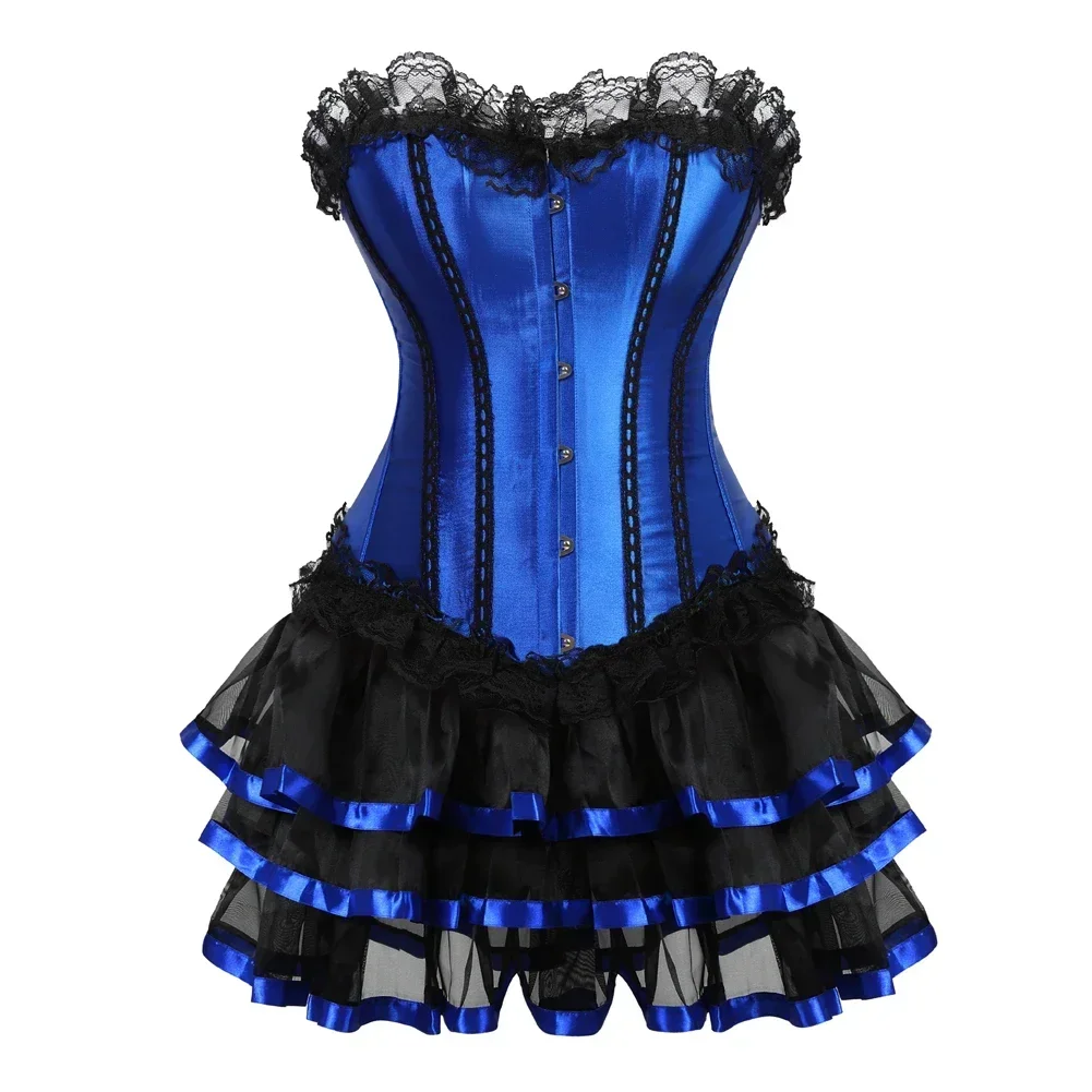 Woman Corset Tutu Skirt Burlesque Satin Corsets Outfits Sexy Striped Korsage Lace Up Boned Bustier Dress Carnival Party Costumes