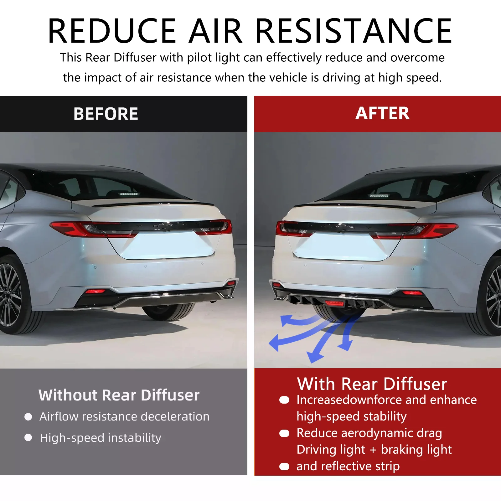 For Ford Focus Glossy Black Rear Bumper Diffuser Splitter Fin w/ LED Brake Light