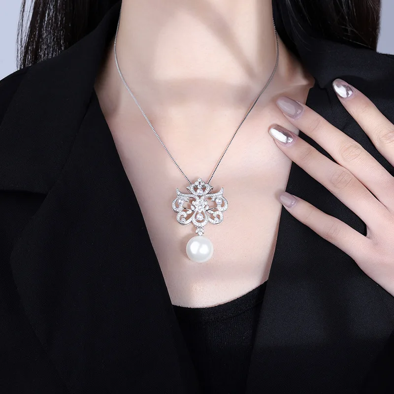 Jewelry Gold Plated Inlaid Mother-of-Pearl Pearl Korean Style Creative Pearl Diamond Pendant Necklace 16mm