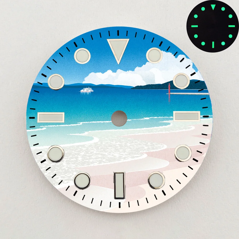 28.5mm NH35 Dial Beach Ocean Scenery Pattern Dial Luminous Dial NH36 Dial Watch Accessories Fits NH35/NH36 Movements Custom LOGO