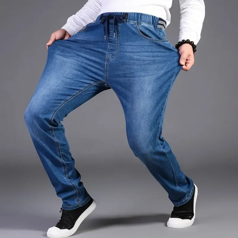 Plus Size L-7XL Men Jeans Spring Autumn Fashion Casual Classic Slim Loose Straight Elastic Waist Drawstring Long Denim Pants