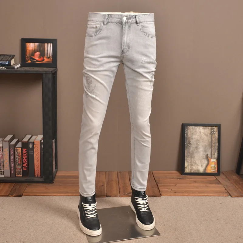 Summer Thin Light Luxury Printed Jeans Men's Fashionable High-End Stretch Slim Fit Skinny Casual Light Color Trousers