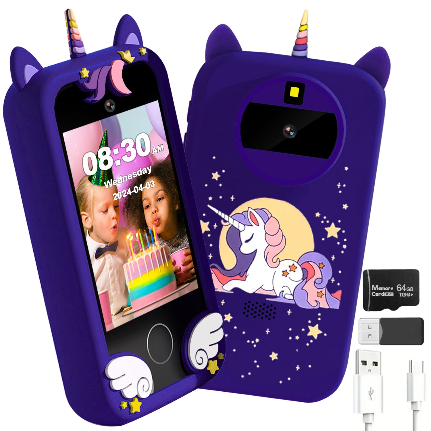 Operação com tela sensível ao toque para telefone infantil, câmera de 48 MP, suporta gravação de vídeo HD 1080P Equipado com uma placa de memória de 64 GB e leitor de cartão