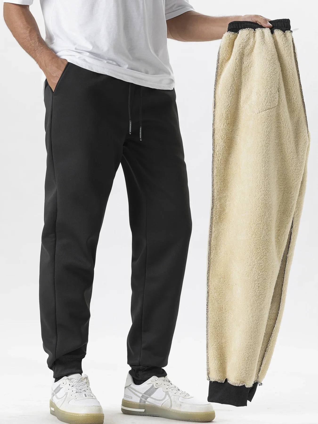 Men Heavy Sherpa Lined Jogger Sweatpants Winter Thermal Trousers Elastic Waist Warm Fleece Inner Cold Weather Casual Jogging Pants