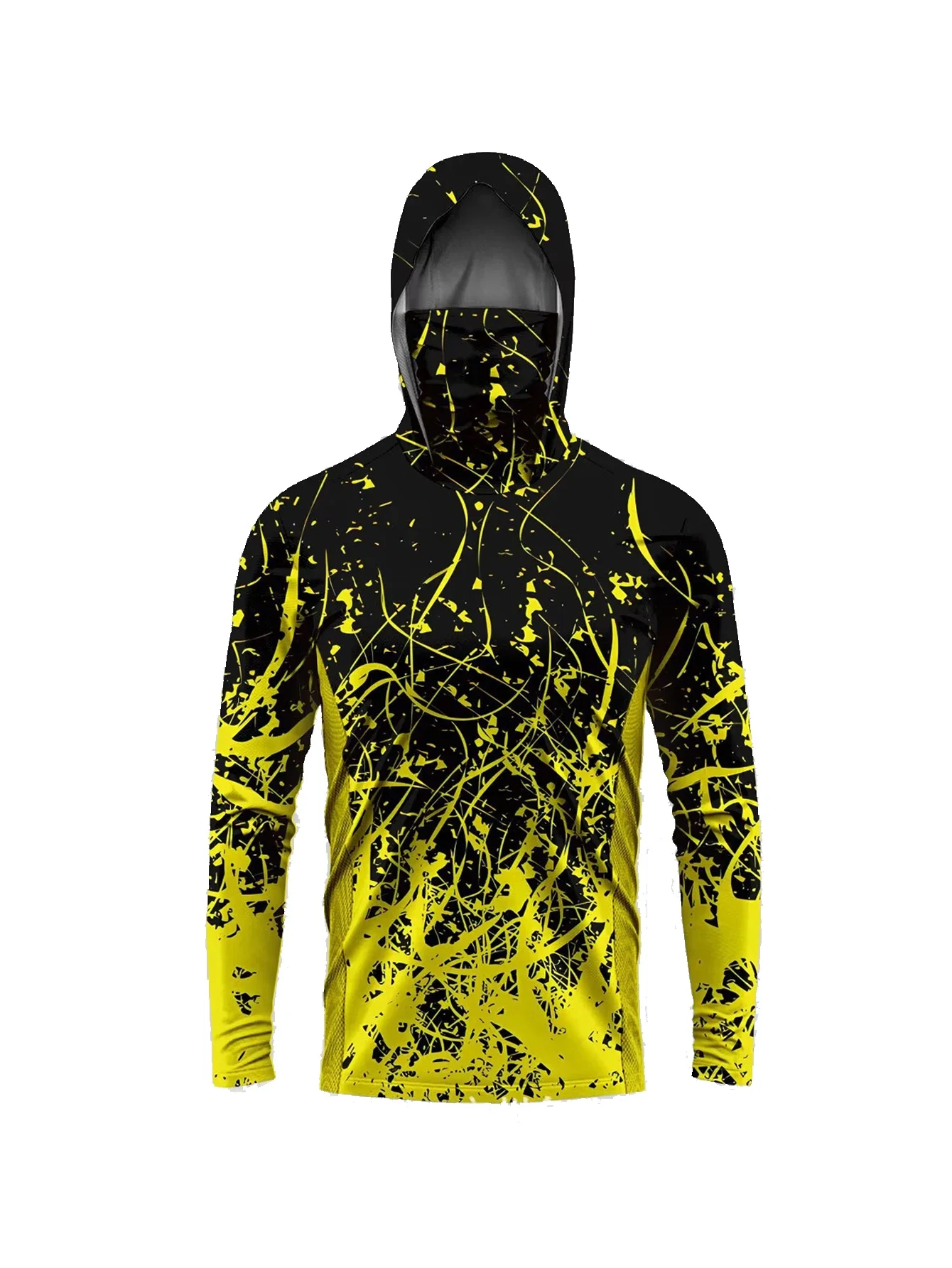 Herren Sommer UPF50+ Angel-Hoodie mit Gesichtsmaske Schwarz-Weiß Bürstenmuster Schnelltrocknend Atmungsaktiv Langarm Angelhemd – Detail 3