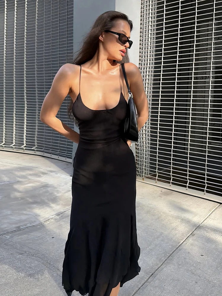 Sisterlinda Simpel Maxikleid für Damen mit Rüschen, Unregelmäßigem Saum, Tiefem Ausschnitt, Ärmellos, Einfarbig, Schmal Geschnitten, Klassisch, High-Street-Stil, Vestidos – Detail 6