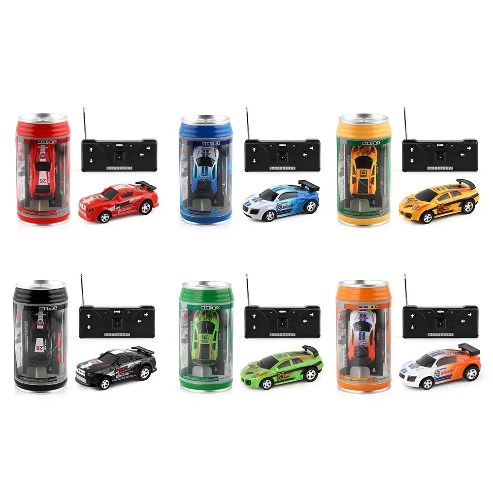 Coke Can RC Car Battery Operated Plastic Remote Control Racing Vehicle LED Lights Micro Racing Car with Roadblocks for Kids Boys